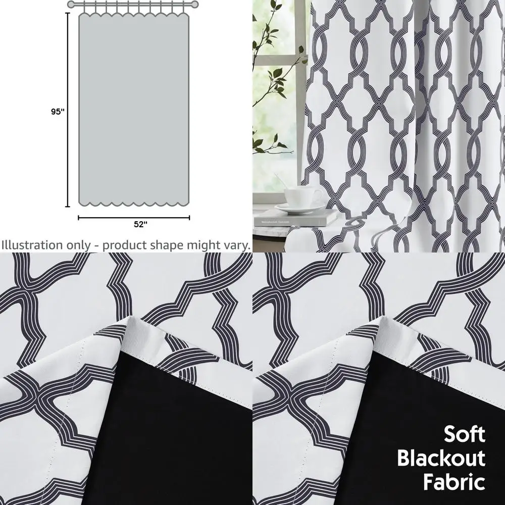 

96 Moroccan Geometric Blackout Curtains, 2-Panel Thermal Insulated Drapes in Black, Grey, White for Bedroom, Living Room