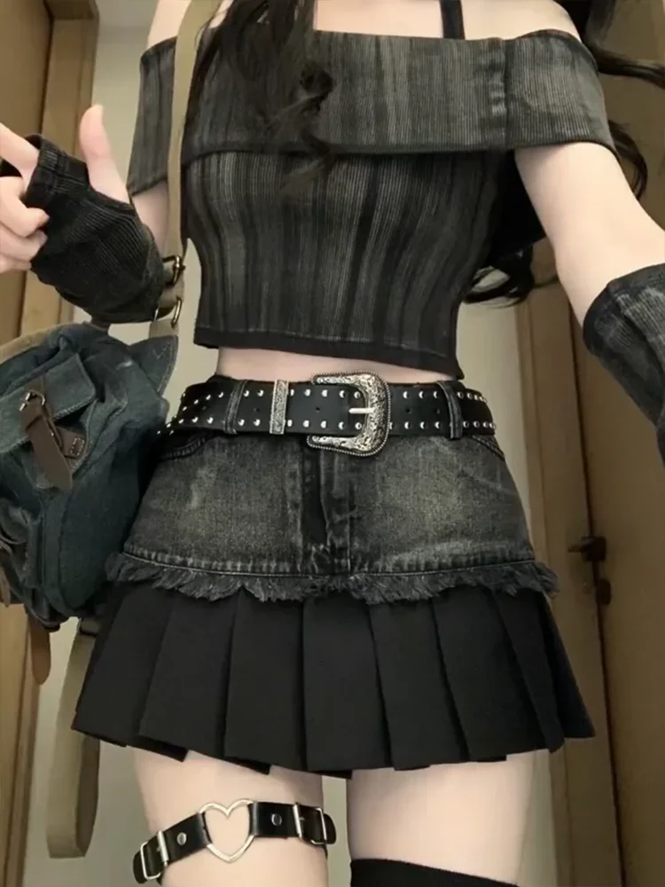 Women\'s Black Gothic Patchwork A-line Pleated Denim Skirt Vintage Y2k Mini Skirt Harajuku Korean Skirt 2000s Emo Clothes Summer