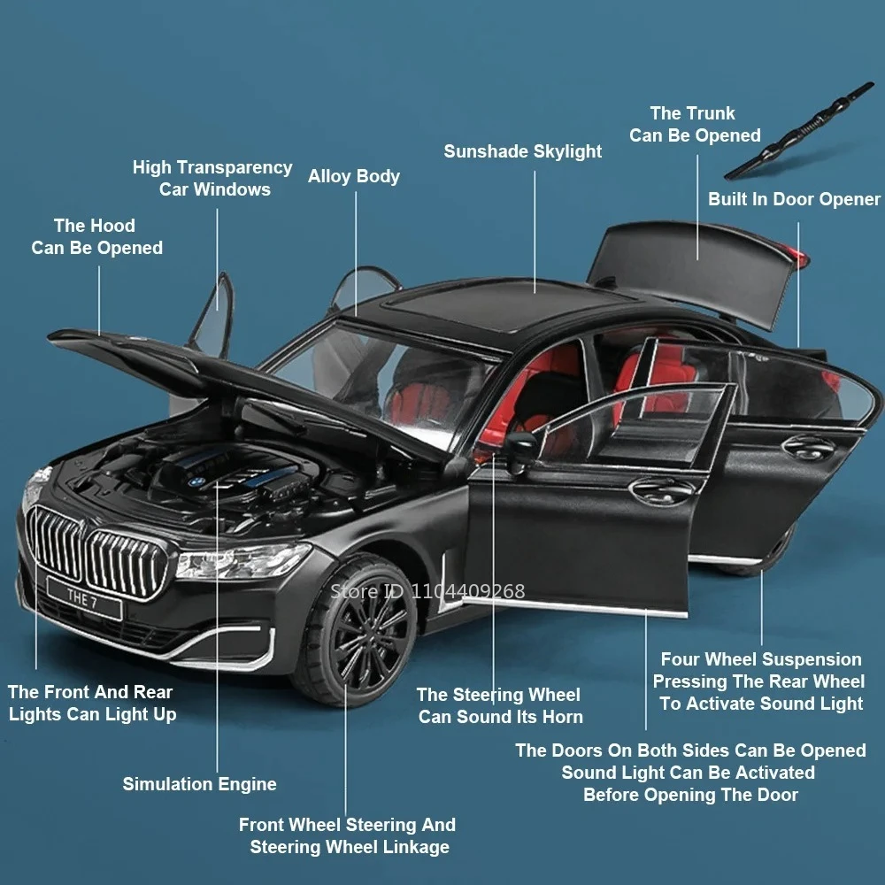 1:24 760LI M8 سيارة رياضية لعبة مجسمة الصوت ضوء الأبواب مفتوحة التراجع امتصاص الصدمات دييكاست سبيكة المركبات نماذج الاطفال الهدايا