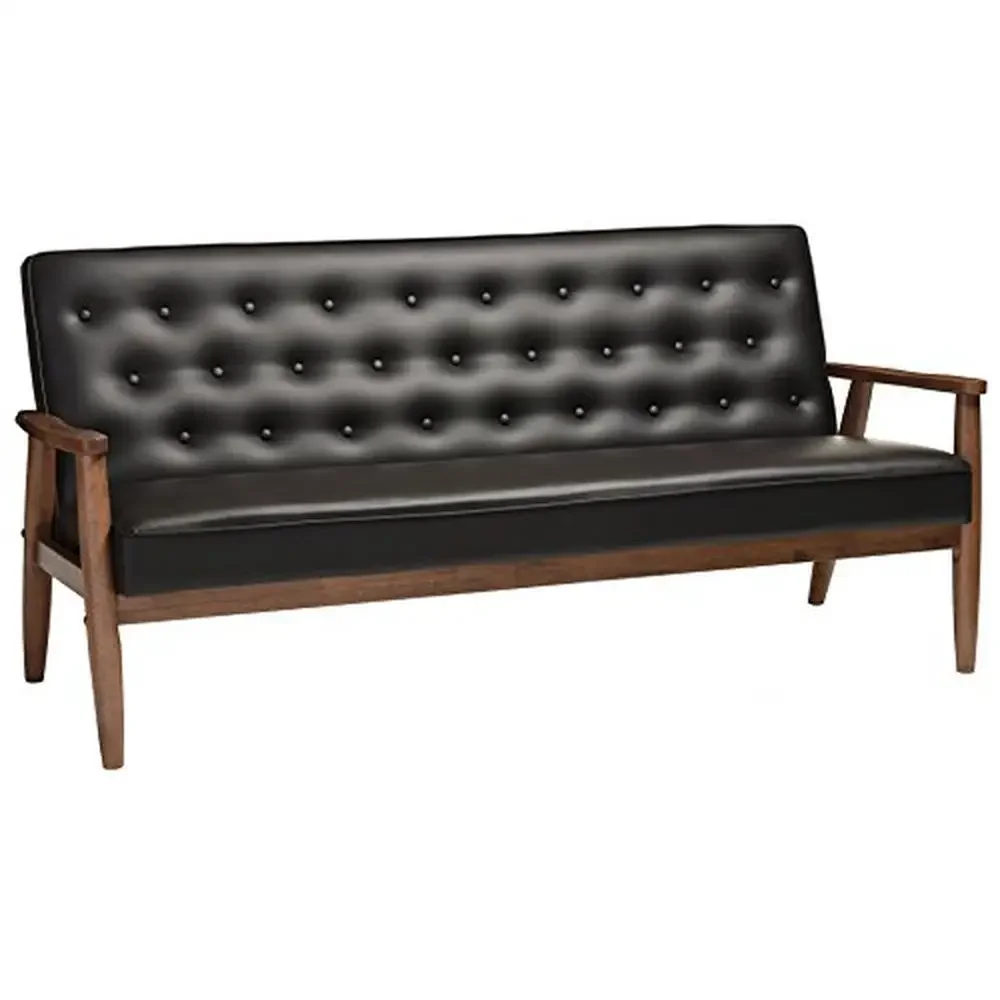 Button-Tufted Black Faux Leather Sofa Mid-Century Design Walnut Finish 70.59" 3-Seat