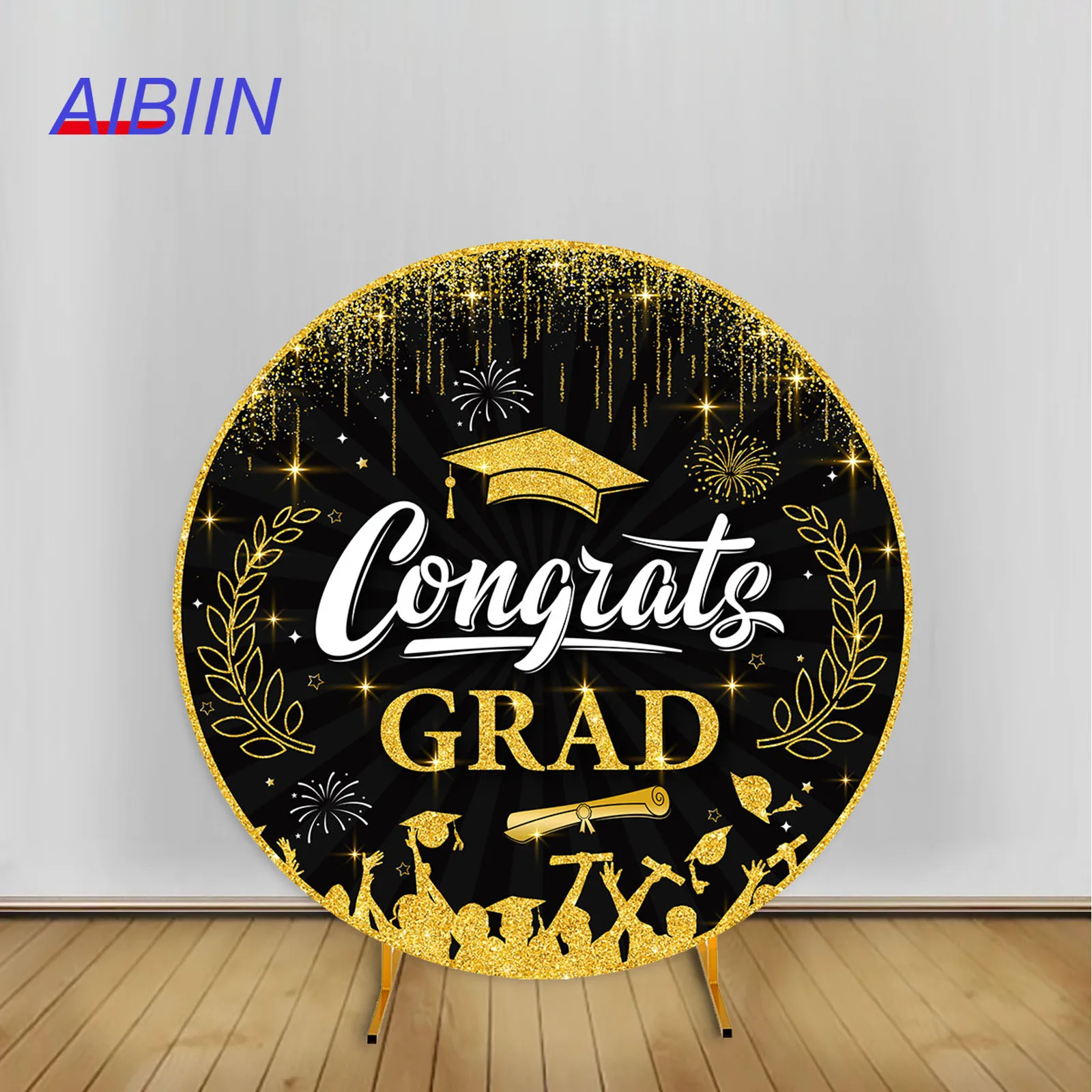 

Black and Gold Round Arch Backdrop Cover Congrats Grad Graduation Prom Party Decor Shimmer Dots Hat Photography Background