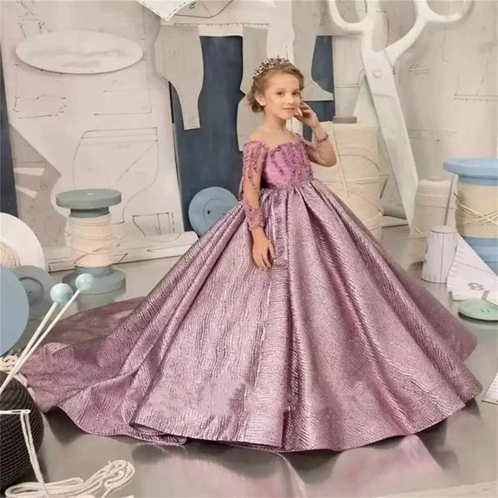 

Fluffy Purple Off the Shoulder Long Sleeve Flower Girl Dress for Wedding Beading Princess Ball Gown Train Communion Birthday