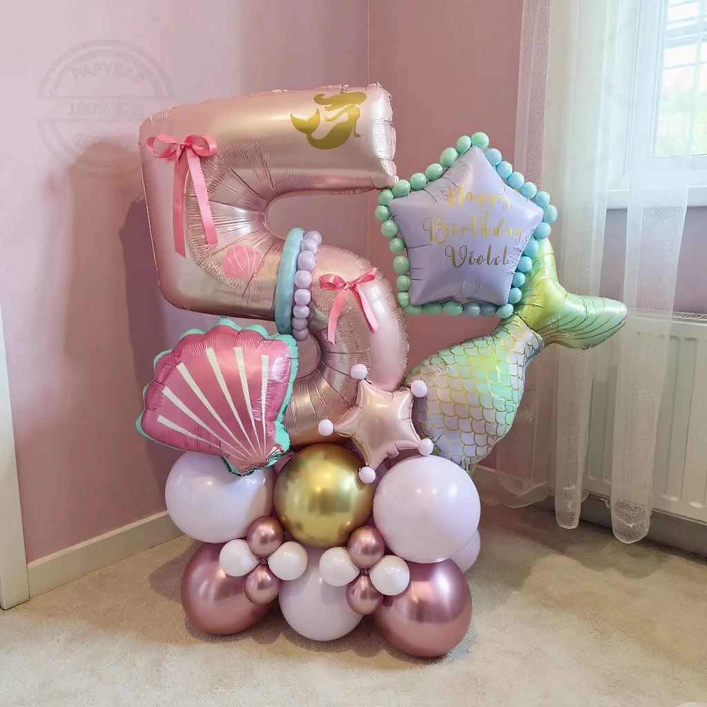 37-teiliges Gradient Meerjungfrauenschwanz-Muschel-Ballon-Set Rosa Zahlen-Geburtstagsballons Ozean-Themen-Party-Dekoration Überraschungsgeschenk