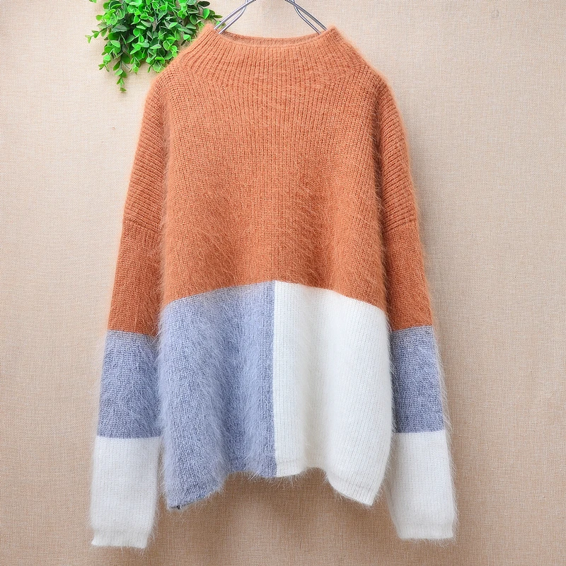 Women Mujer Autumn Winter Clothing Colored Hairy Angora Rabbit Hair Knitted Long Sleeves Loose Pullover Sweater Jumper Pull Tops