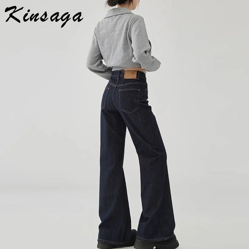 Kinsaga Dark Blue High Waist Boot Cut Jeans Women Vintage Wide Leg Mopping Denim Pants Pear Shape Dragged Bell BottomTrousers