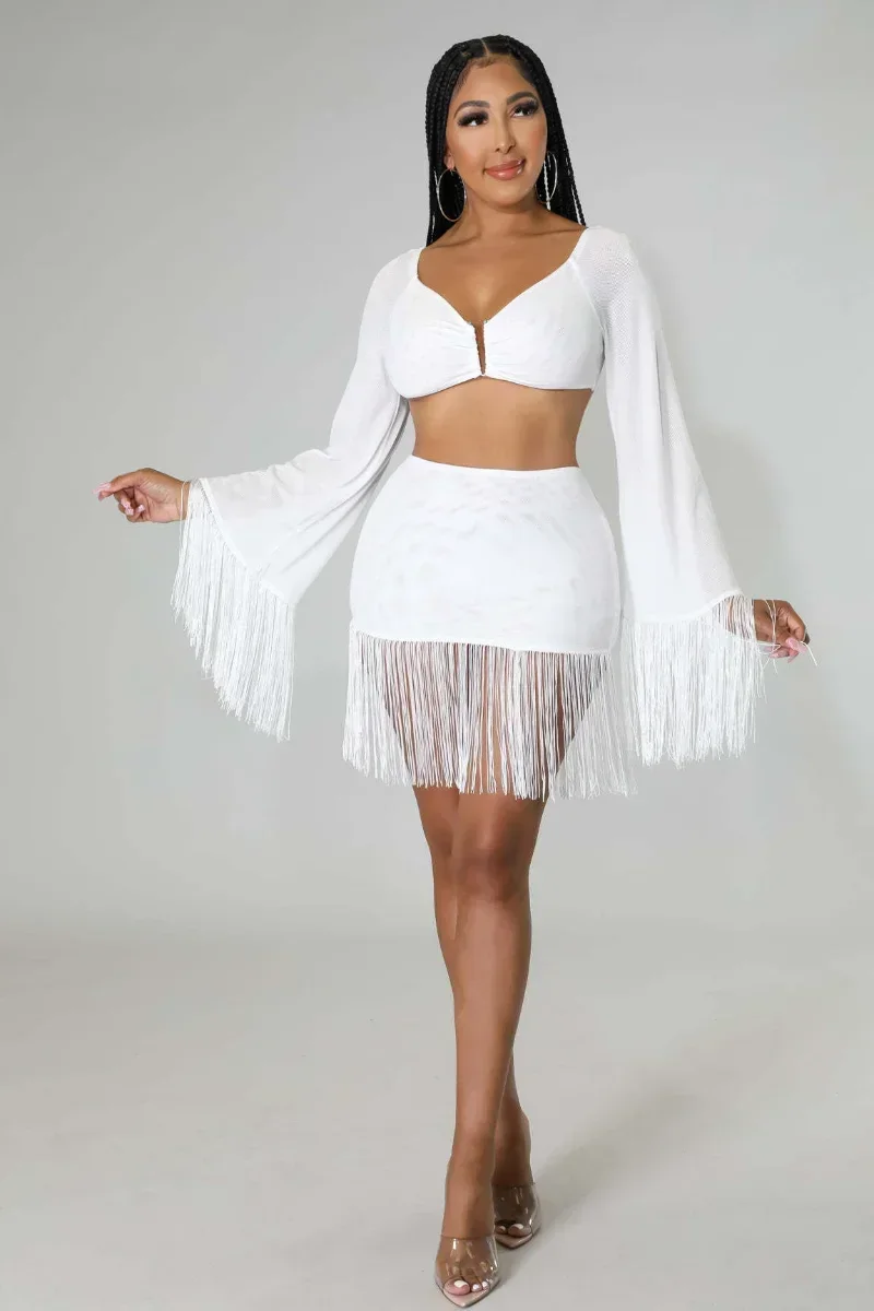 

GUWU Elegant Deep V Neck Metal Details Fringed Crop Top and Matching Skirt Set Sexy Night Club Outfits Birthday Party Clubwear