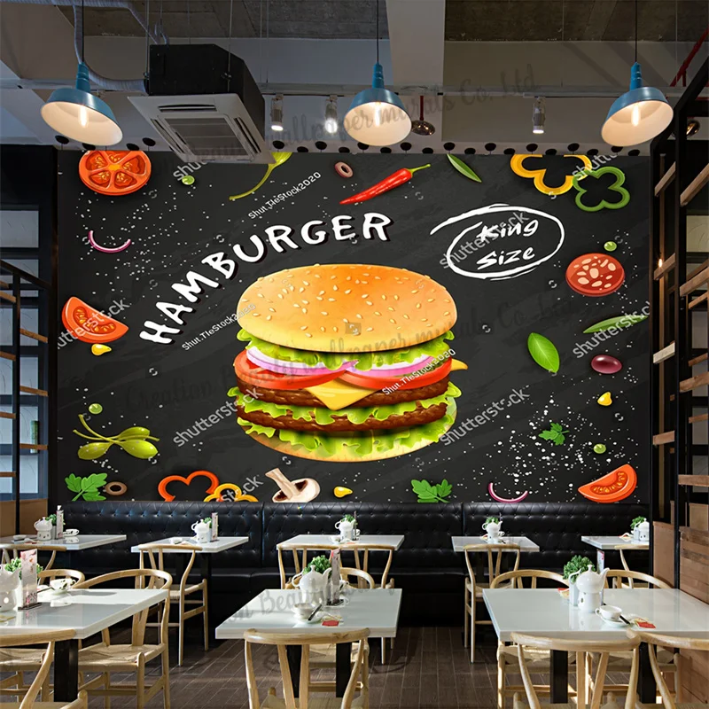 

Custom Hand-painted Burger Mural Industrial Decor Wallpaper Snack Bar Fast Food Restaurant Wall Paper Contact Paper Papel Tapiz