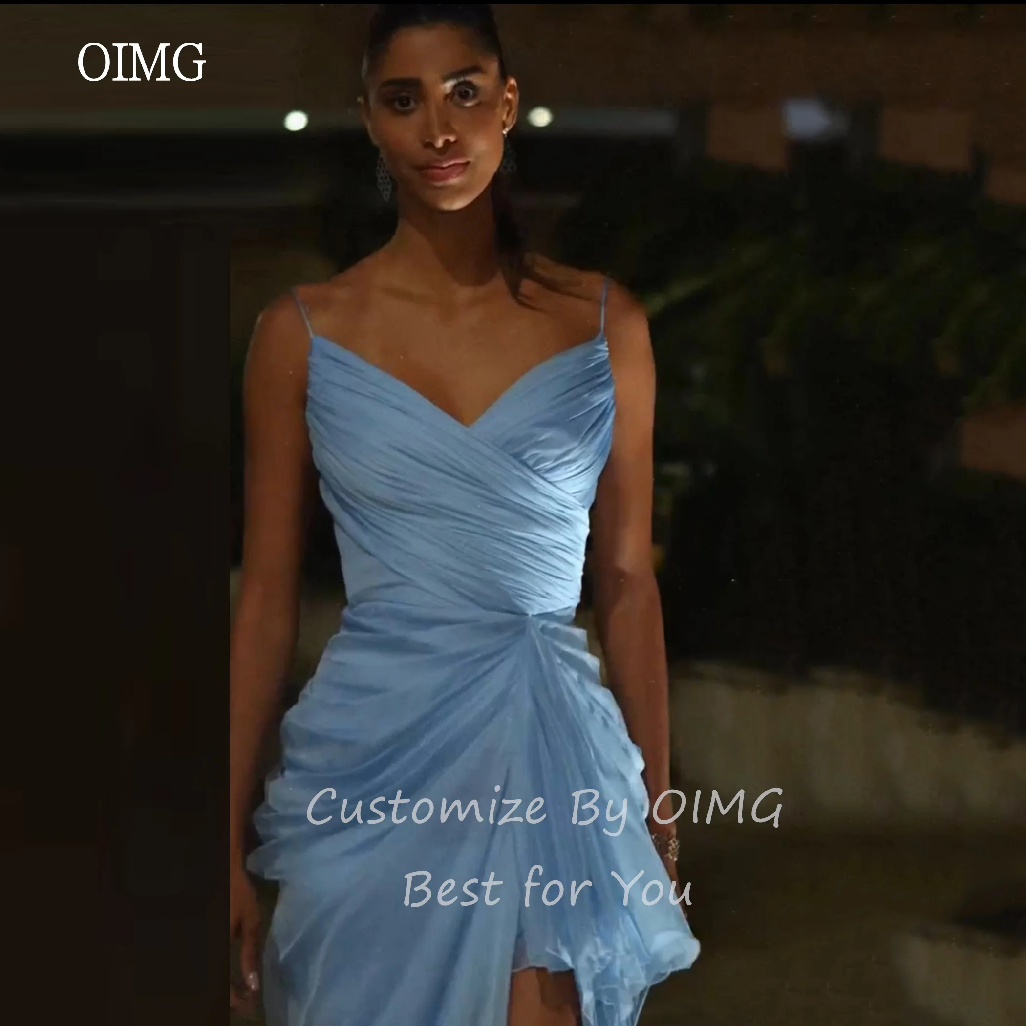 

OIMG Sky Blue Spaghetti Strap Mermaid Prom Gowns Backless V Neck Pleated Party Gown Flowy Side Slit Evening Dress Customized