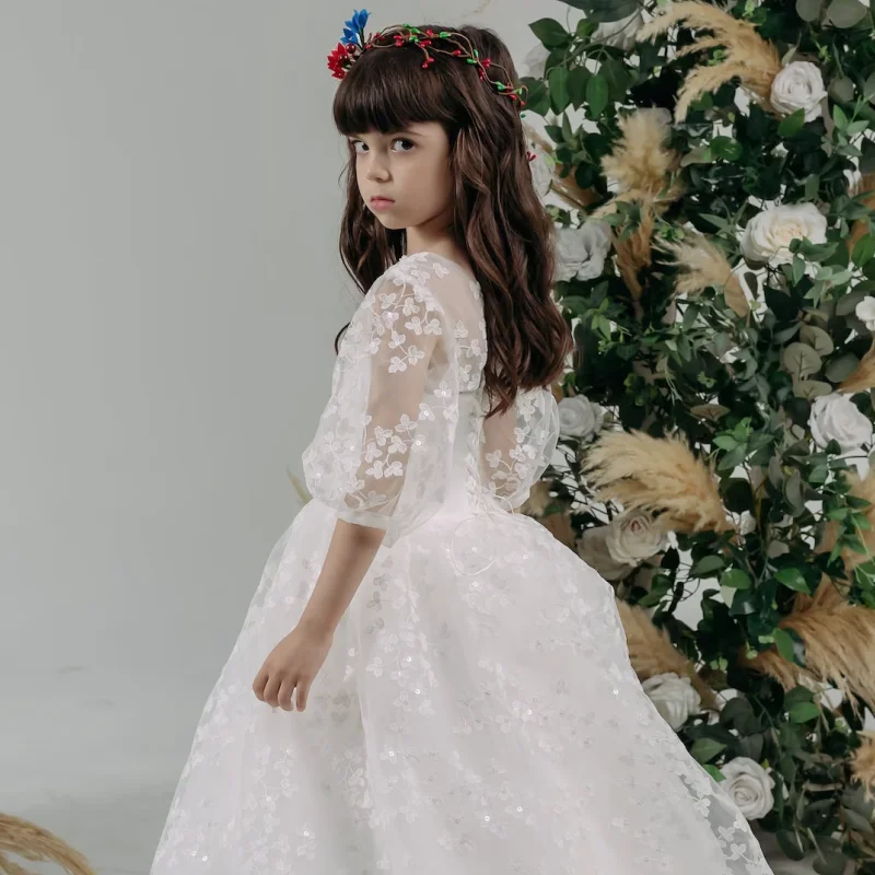 Vestidos de flores para niña, apliques de tul blanco con media manga de cola para boda, cumpleaños, banquete, vestidos de comunión