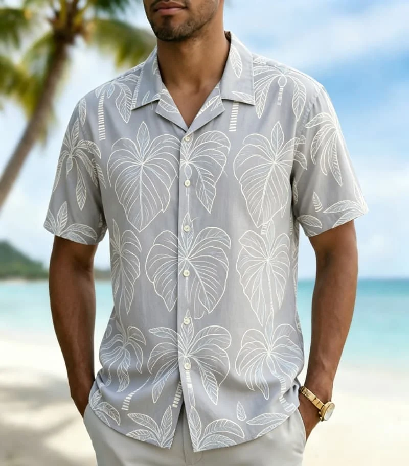 Men's minimalist line drawing style printed Hawaiian shirt, for summer adventures, poolside, daily wear, and short vacations