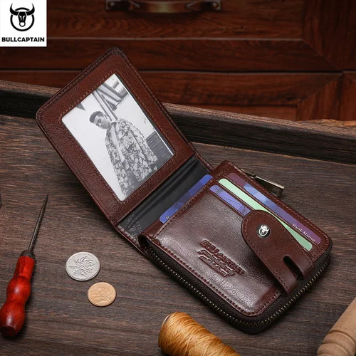 Imagen 2 del producto Bullcaptain-cartera plegable de cuero genuino con cremallera para hombre, Tarjetero con bloqueo RFID, guarda de forma segura tu dinero y tarjetas