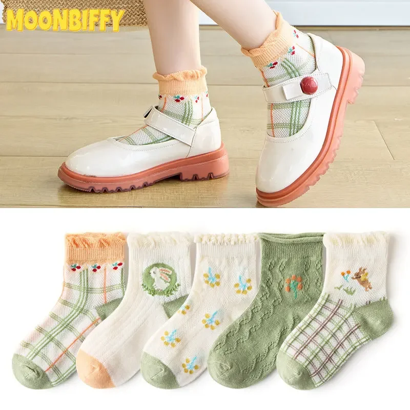 

5 Pairs/Lot Children's Socks Spring Autumn New Literature Art Retro Cotton Tube Socks Three-dimensional Jacquard Soft Baby Socks