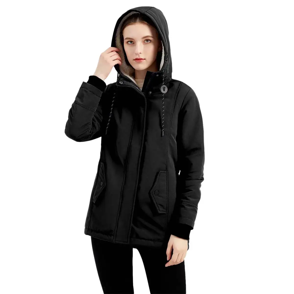 

Thickened Lamb Velvet Parka Casual Hooded Fleece Lined Cotton Jacket Women's Autumn Winter Warm Long Zipper Coat