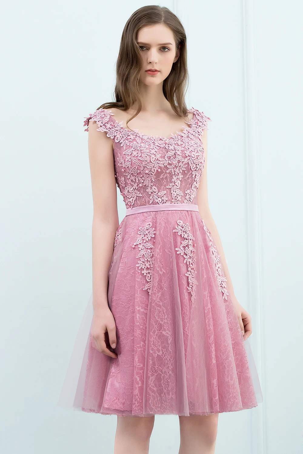 A Line Knee-length Short Sleeves Homecoming Dress Floral Embroidery Pearls Beads Top Underlaid V-neckline Deep Back Gown