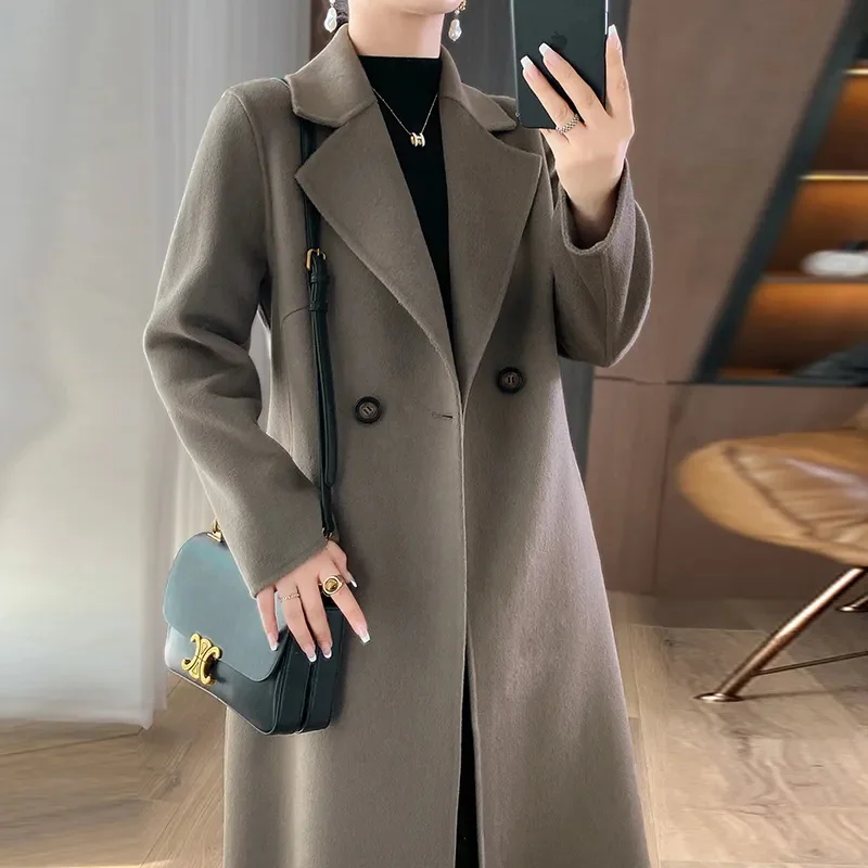 2025 New Winter Green Woolen Coat Lapel Long Sleeves Double Breasted Loose Overcoat With Belt Office Lady Fashion