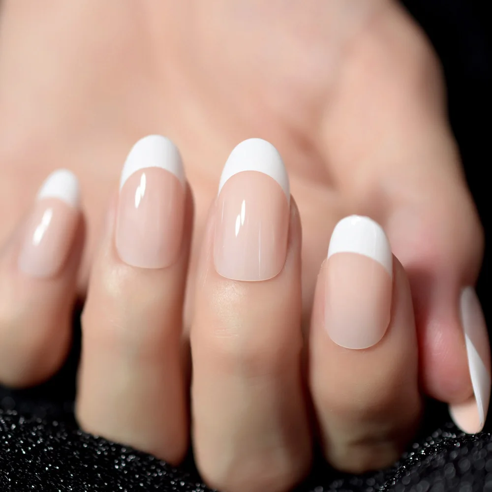 Nail Art Salon Oval Acrylic French Nail Kit Real Medium Length Grace Oval Fake Nails French 24 Tips