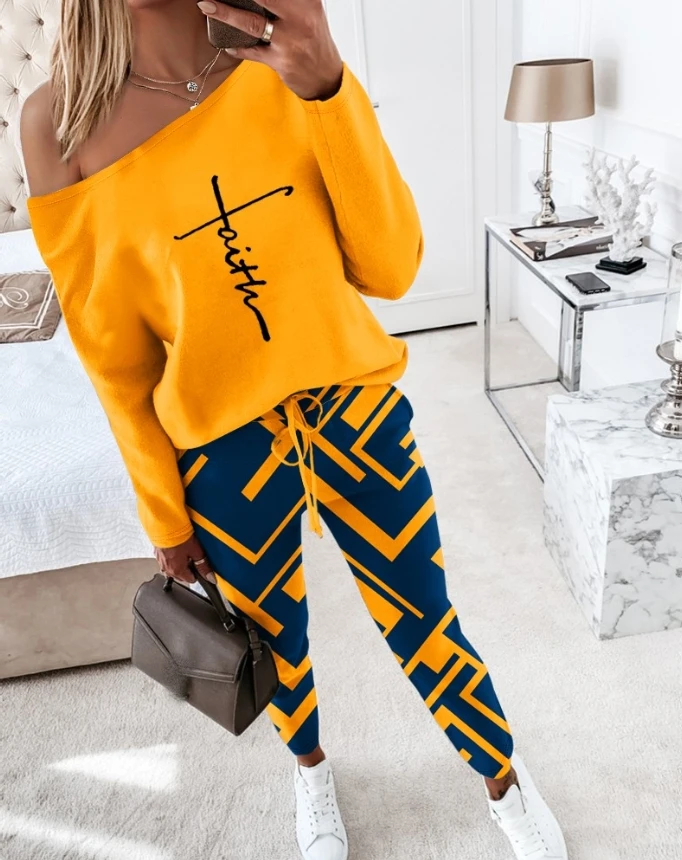 Women's Commuter Set 2024 Spring/summer Latest Letter Printed Diagonal Shoulder Long Sleeved Top and Drawstring Pants Set