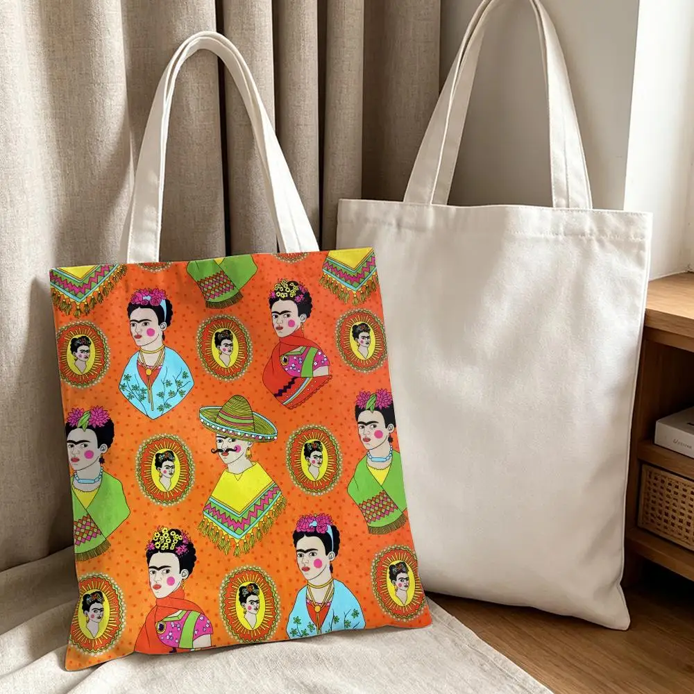 F-frida Kahlo Storage Bags Canvas Tote Bag Women Large Capacity Reusable Eco Shopping Bag Shoulder Handbag