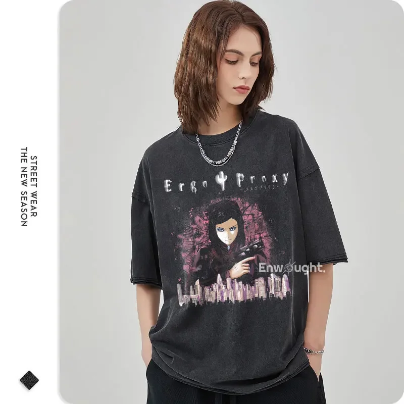 Ergo Proxy T Shirt Anime Mayer Re-l Oversized Vintage Washed T-shirts Streetwear Retro Manga DTG Printing Tops Tees Men Cotton