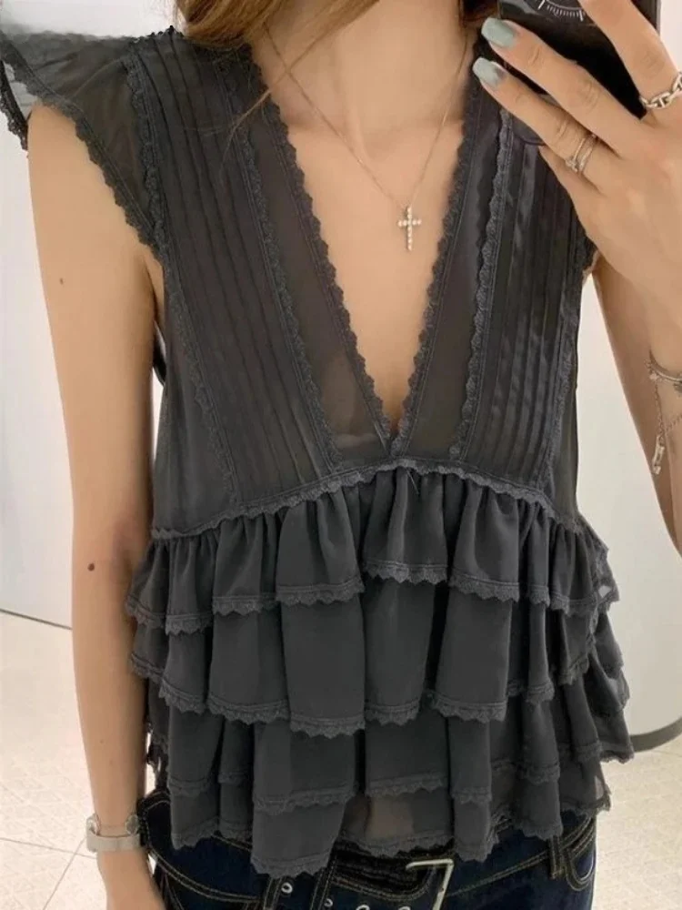 

Blusas Mujer De Moda Summer Blouses For Women Sleeveless Slim Waist Chiffon Shirts Crop Tops Ruffles Deep V-neck Sexy Blouse