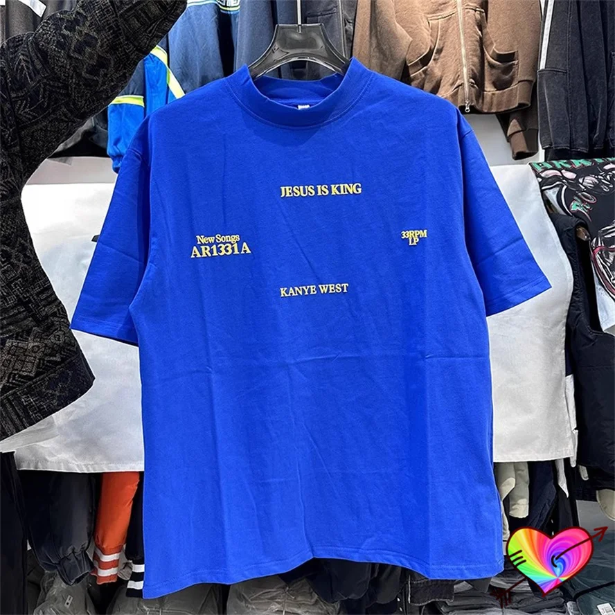 Oversize Blue Kanye West Tee Men Women Hip Hop Jesus Is King New Songs T-shirt Tops Yellow Logo Print Short Sleeve