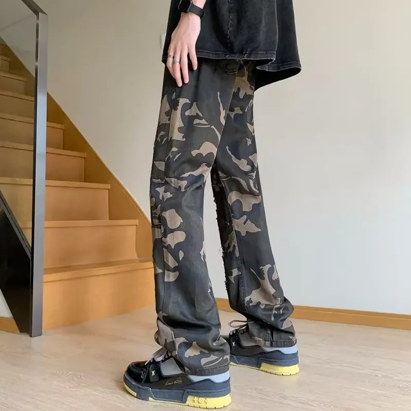 

2024 New Fashion Camouflage Baggy Wide Leg Ripped Cargo Y2K Pants Men Clothing Straight Hip Hop Long Trousers Pantalon Homme