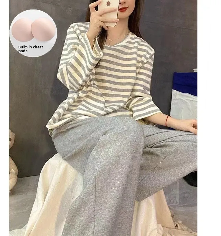 Women's Sleepwear Set with Chest Pad Loose Long Sleeve Home Clothes Black Stripe Pattern Spring Autumn Winter plus Size Outer... 3