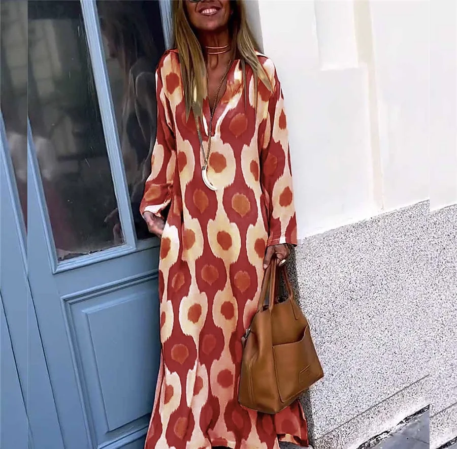 2024 AliExpress europea e americana Plus Size gonna lunga con scollo a v stampata alla moda autunno e inverno transfrontaliera da donna