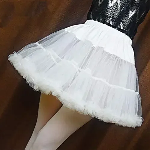 Women Girls Ruffled Short Petticoat Solid White Color Fluffy Bubble Tutu Skirt Puffy Half Slip Prom Underskirt No Hoop