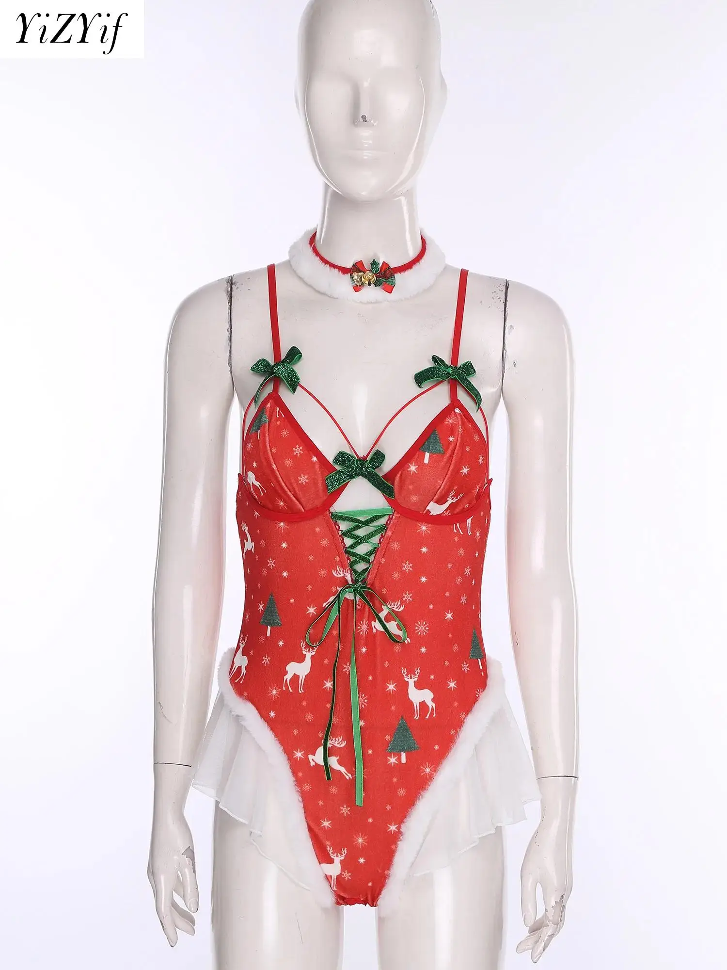

Женское рождественское ночное белье с рюшами и сетчатой отделкой, боди с открытой промежностью, боди с колье, сексуальное женское белье, вечеринка в канун Рождества, клубная одежда