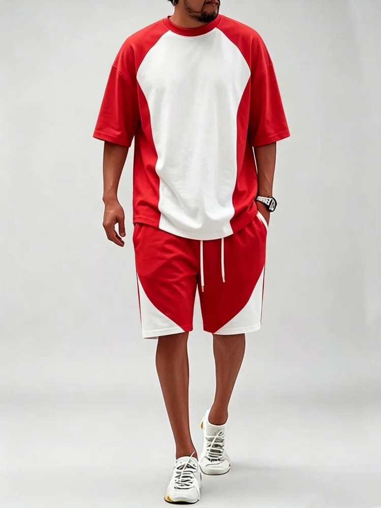 Conjunto de Dos Piezas para Hombre, Camiseta Holgada de Manga Corta con Parches en Contraste Rojo y Blanco, Pantalones Cortos Casuales, Estilo Deportivo Urbano para Uso Diario