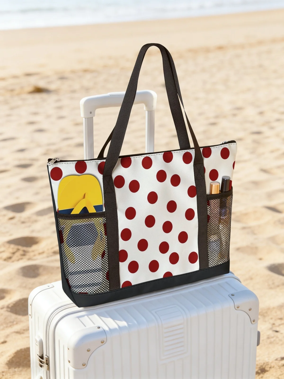 

Red polka dot handbag, large capacity women's beach bag, waterproof travel shoulder bag with mesh pockets