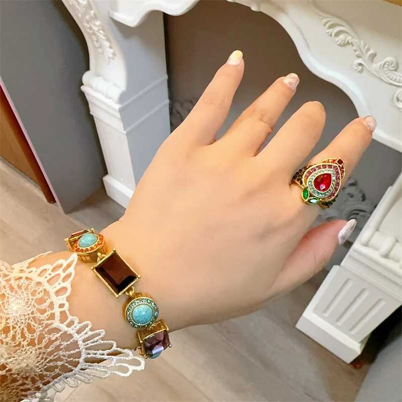 Vintage Jewelry Set For Woman Luxury Designer Blue Natural Stone Antique Necklace Purple Square Bracelet Accessories 2025 New