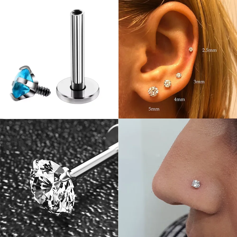 G23 Titanium Earrings with CZ Stone Lip Stud Labre Internally Thread Nose Rings Ear Cartilage Piercing Ornaments Jewelry