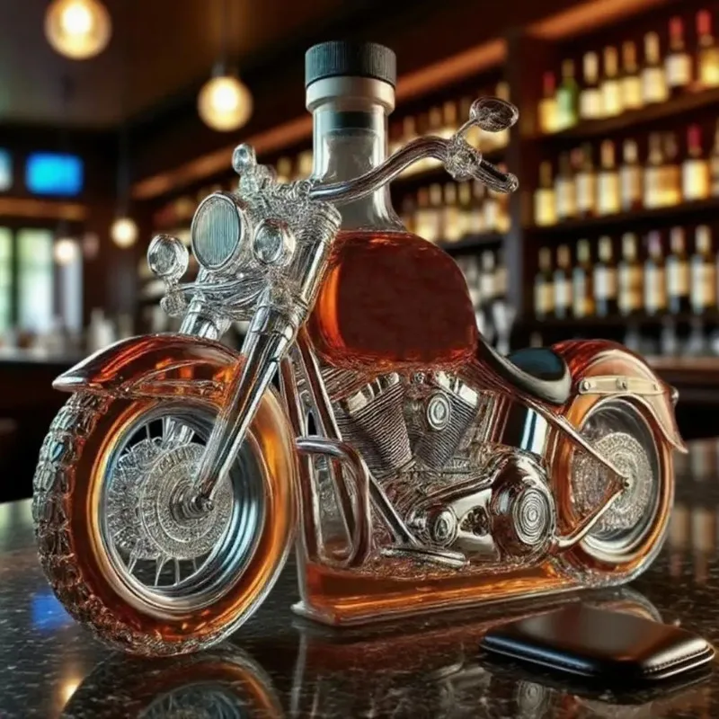 Motorcycle Style Whisky Decanter,Handcrafted Glass Whiskey Wine Bottle Decorative,3D Motorcycle Engine Design, For Bar Desk Us view 2