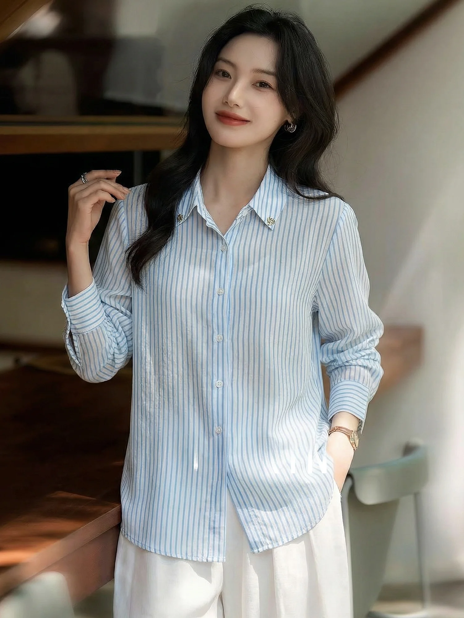 

Винтажное полосатое длинное платье-рубашка Chivirin, свободное повседневное, женское, весеннее, новое, удобное, дышащее, приятное к телу