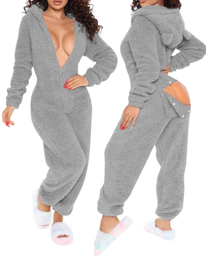 New 3D Ear and Hip Flap Function Fluffy Casual Jumpsuit Home Clothing Women\'s Long Sleeved Jumpsuit Hooded Cute Plush