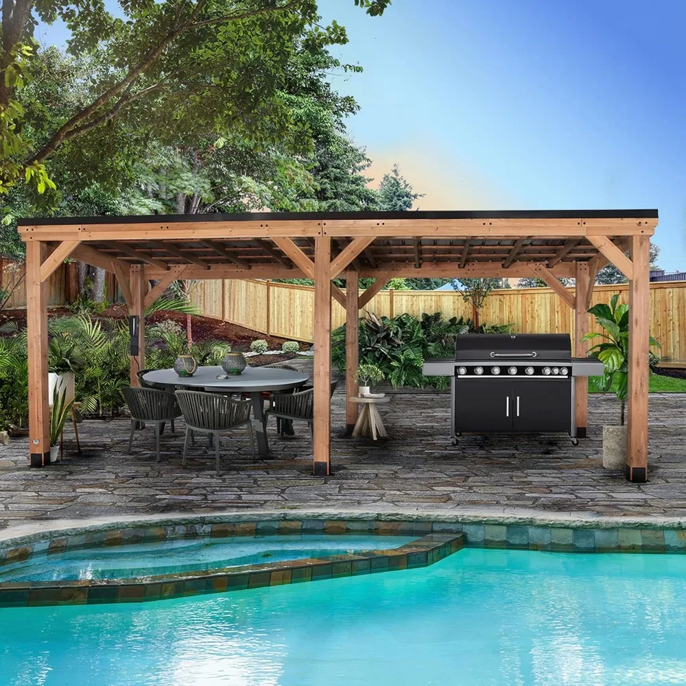 

20 Ft. X 9.5 Ft Patio Gazebos, Backyard Discovery Arcadia ,All Cedar Wooden Gazebo Pavilion with Hard Top Steel Slant Roof