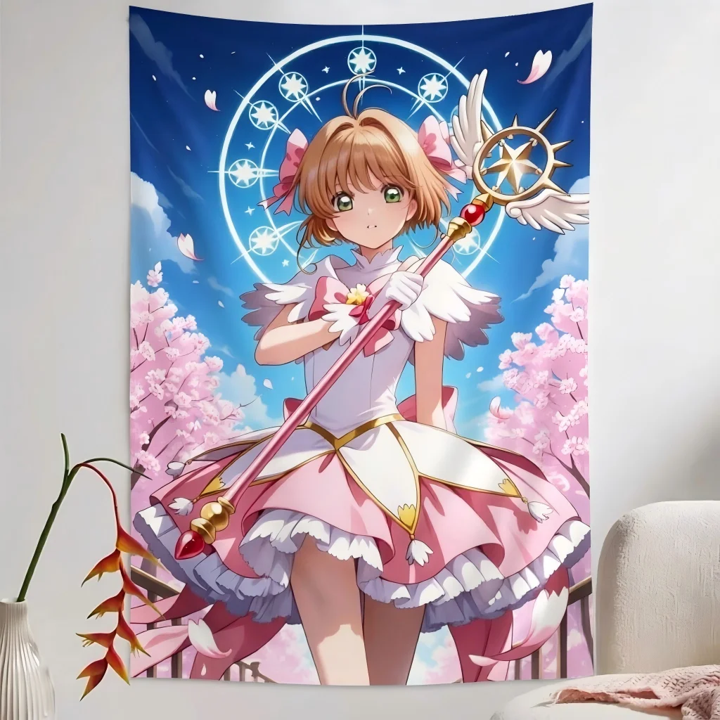 C-Cardcaptor Sakura Kawaii Pastel Tapestry Pink Magic Cherry Blossom Magic Circle Anime Wall Hanging Teen Girls Dorm Bedroom