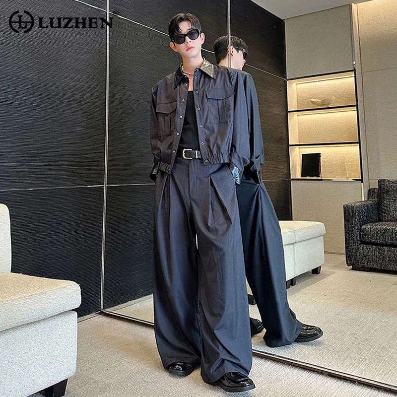 

LUZHEN Elegant Two-piece Sets Fashion 2025 Autumn Solid Color Loose Fold Straight Trousers Men's Leather Splicing Jacket JY4165