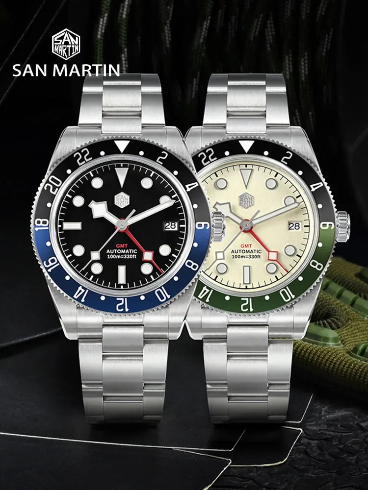 San Martin 39.5mm NH34 GMT Men Luxury Watch Bidirectional Aluminum Bezel Automatic Mechanical Sapphire 100M Waterproof  SN0109