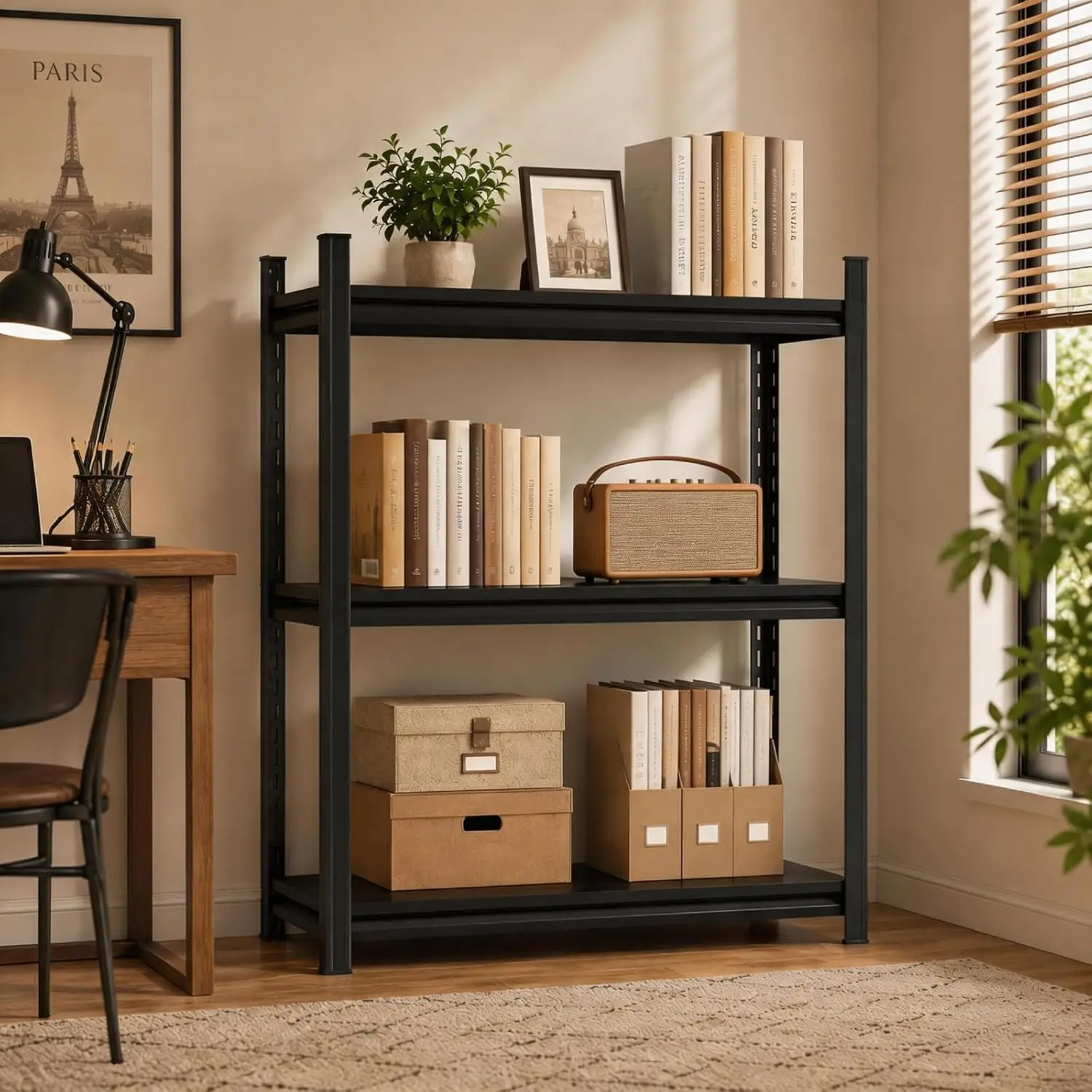 3 Shelf Bookcase, 28" W x 14" D x 32" H Narrow Metal Bookcase for Small Spaces, Black Small Bookshelf, Industrial, Customized