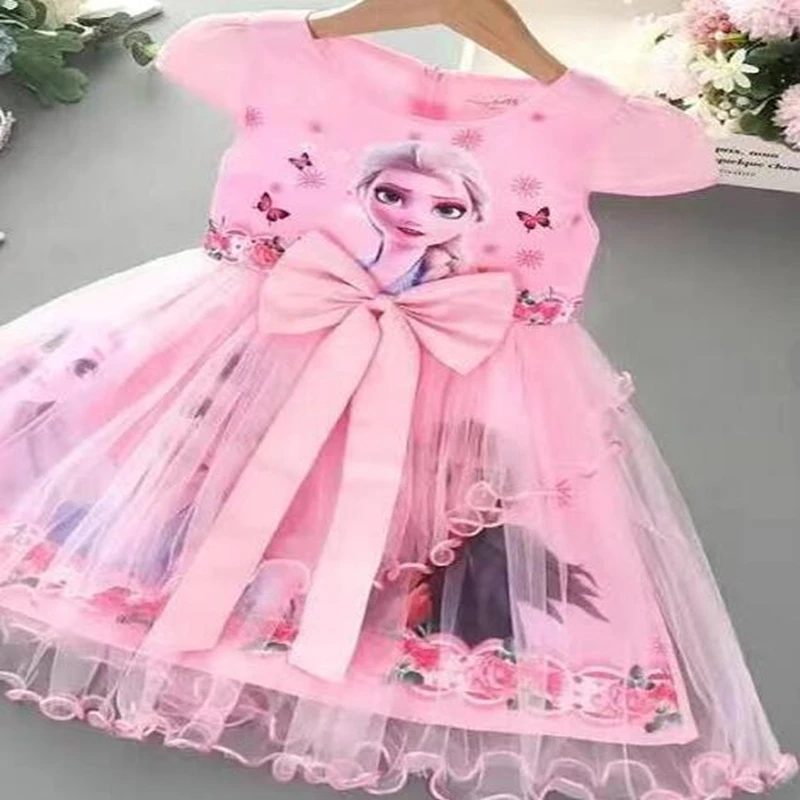 Summer Dresses Kids Girls Princess Toddler Cartoon Frozen Elsa Short Sleeve Mesh Party Wedding Dress Outfit Cotton Pajama Tops