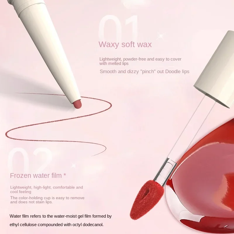 DEZONE Dual-ended Glossy Lip Glaze Mirror ลิปสติก Liquid Lip Liner Non-Stick Lip Pencil Moisturizer เครื่องสําอางวิตามิน E