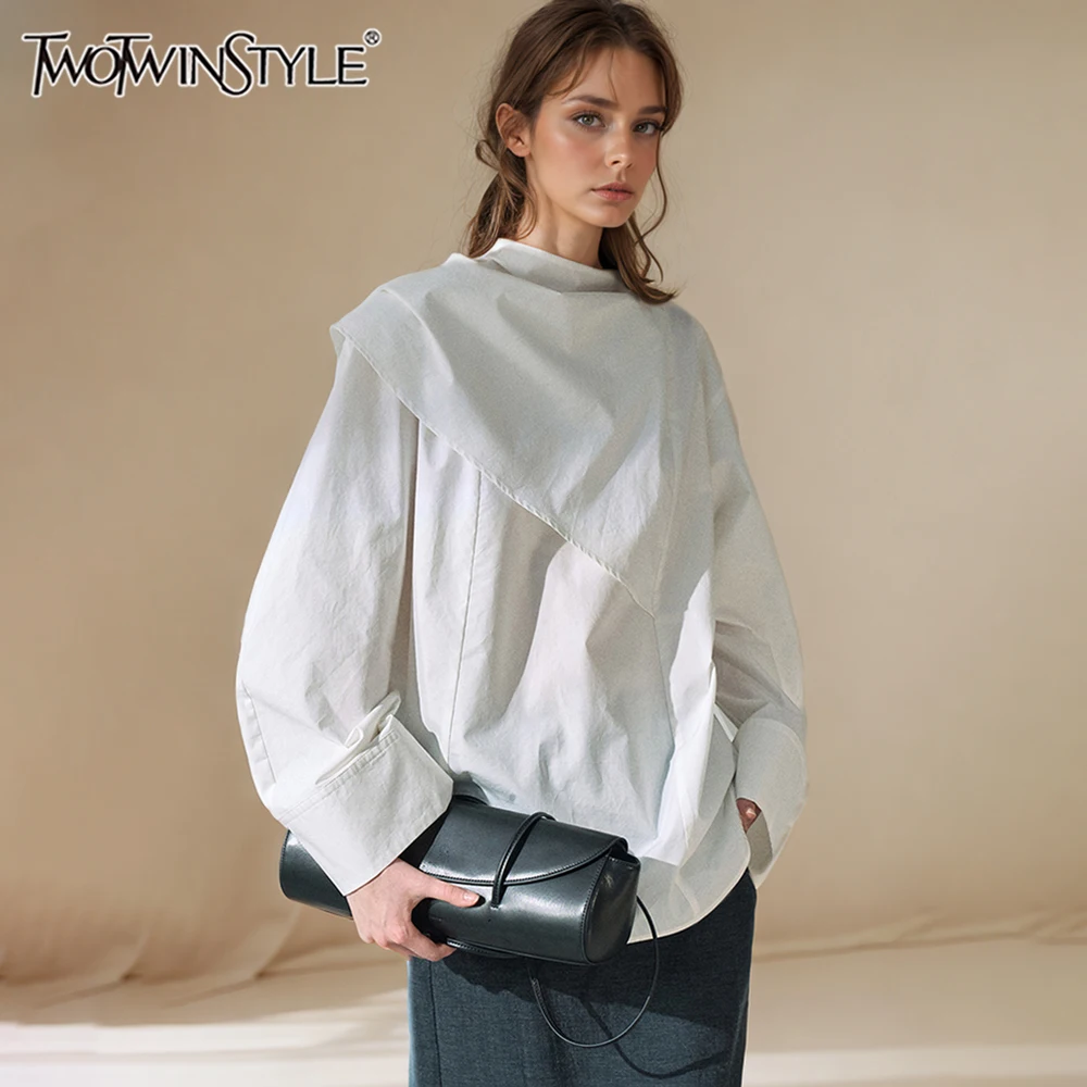 TWOTWINSTYLE Solid Minimalist Blouse For Women V Neck Long Sleeve Loose Asymmetrical Designer Shirts Female Fashion New Clothing