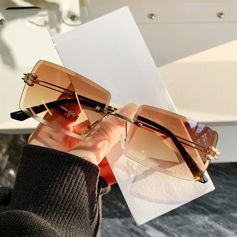 

Luxury Women Rimless Rectangle Shades Ocean Sunglasses Gradient UV400 Sun Glasses Unisex Men Metal Curved Goggle Eyewear