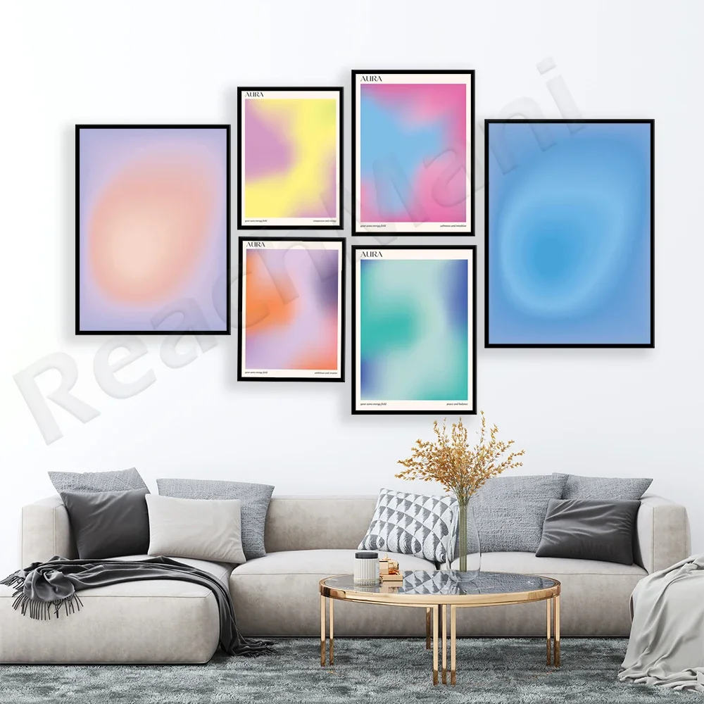 Aura Energy positieve bevestiging print, kleurrijke esthetische gradiënt halo print, spirituele kunst, moderne minimalistische design poster
