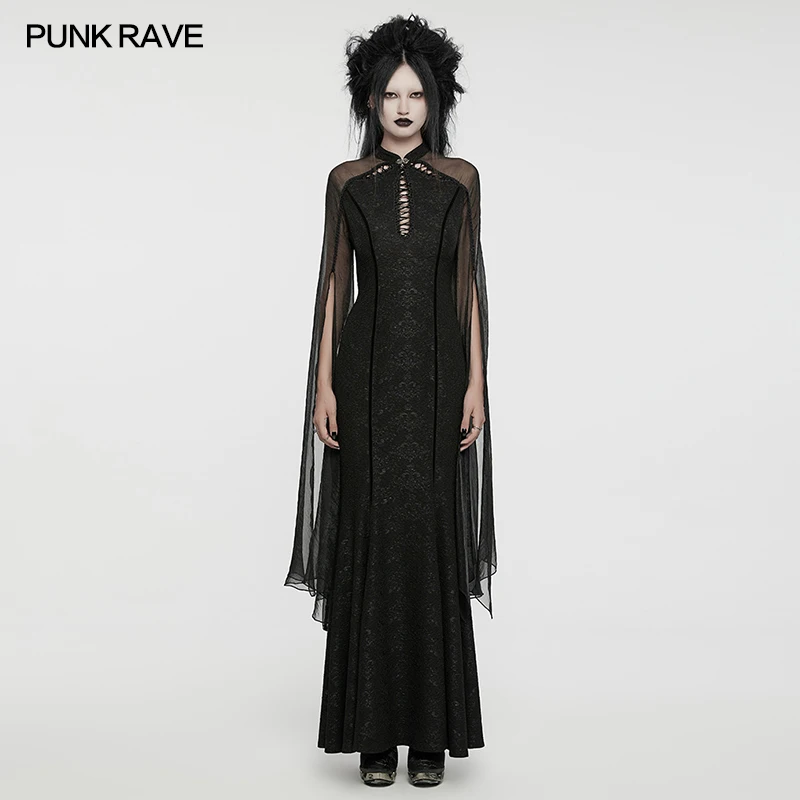 PUNK RAVE Women's Gothic Elegant Split Sleeves Flowing Fairy Dress Sexy Hollow Drawstring Design Fishtail Party Long Dresses