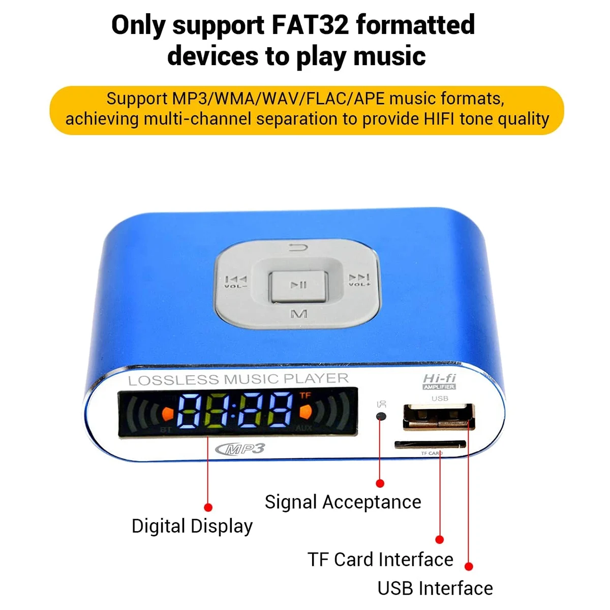 جهاز استقبال الصوت N88R Bluetooth 5.0، مشغل موسيقى رقمي MP3، راديو FM، بطاقة SD/تشغيل USB مخرج صوت 3.5 مم (أزرق)