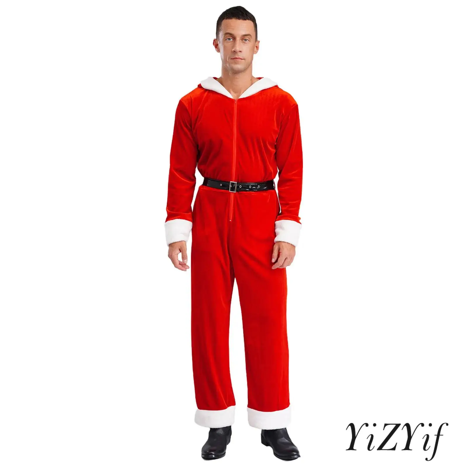 

Mens Christmas Santa Hooded Jumpsuit with Belt Pointed Hood Front Zip Wide Leg White Trim One Piece Unitard Xmas Costume